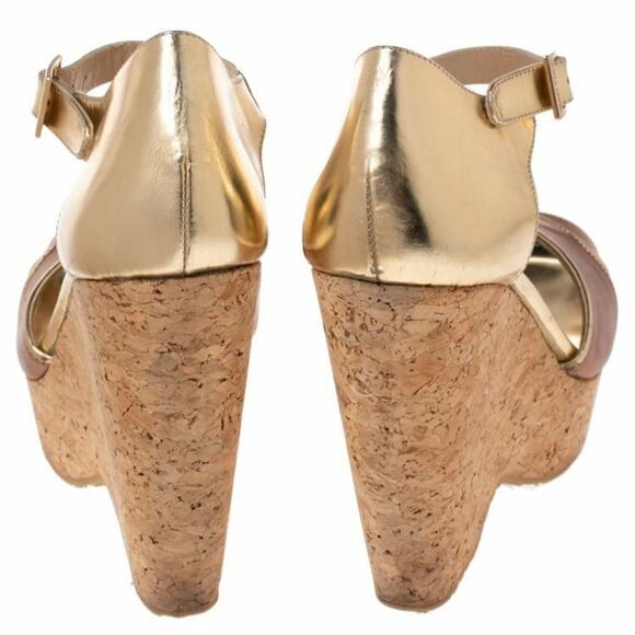 Jimmy Choo Brown/Metallic Gold Leather Pape Mirrored Cork Wedge Sandals Size 7 - Picture 4 of 16